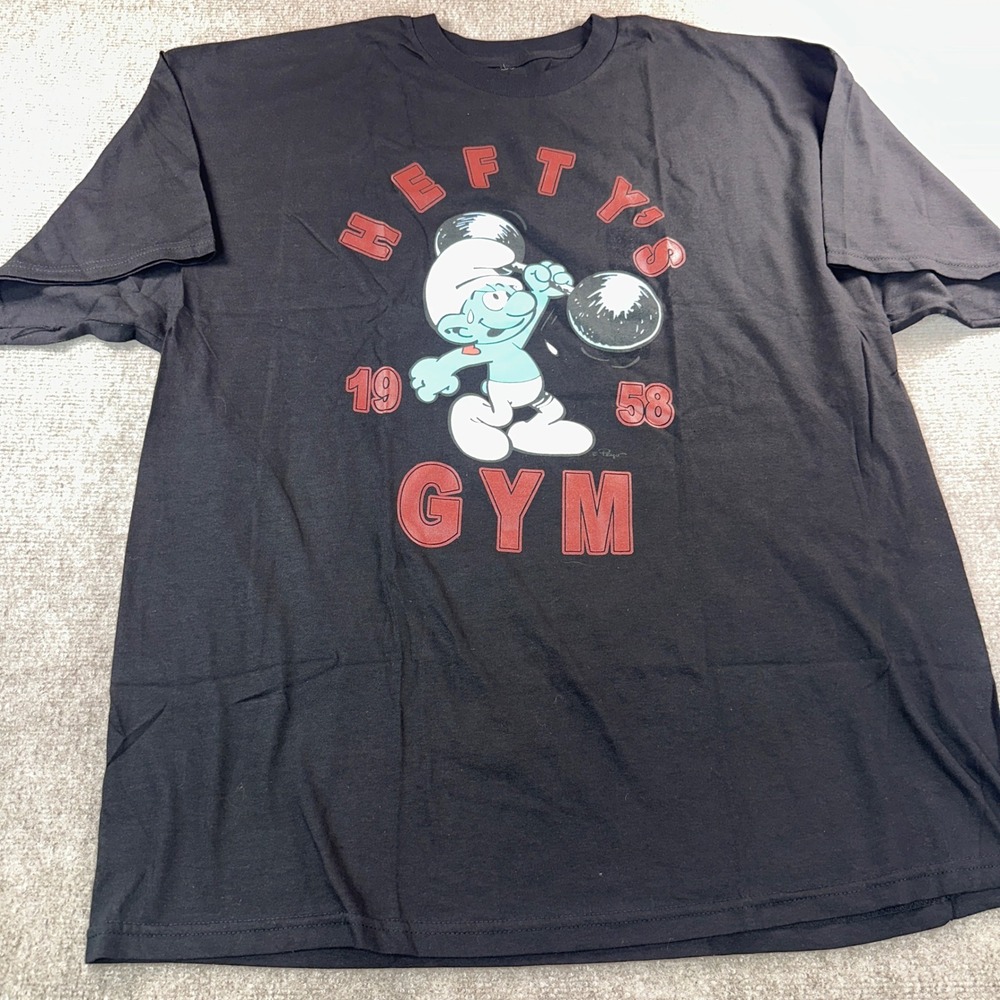 The Smurfs Hefty's Gym Graphic T-Shirt Black Mens 2XL Retro 1958 Hefty Smurf Tee